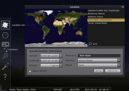 Stellarium location window